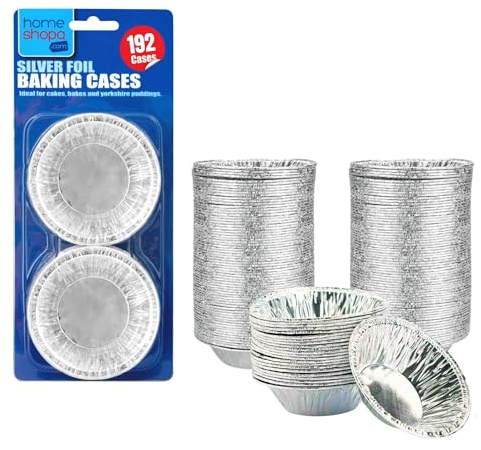 HOMESHOPA Aluminium Foil Pie Trays Muffin Cases Cake Tins, 192 Pack Small Silver Cupcake Cases for Foil Pudding Dishes, Basins Pancake Bun Cases, Baking Moi Moi, Muffin, Egg Tart