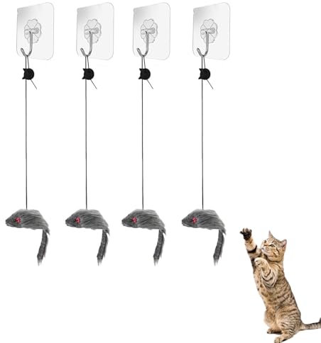 QTTRPCU 4 Stück Katzenspielzeug Türrahmen Elastische Maus mit Quietschgeräusch, Katzen Beschäftigung, Interaktives Selbstbeschäftigung Katze
