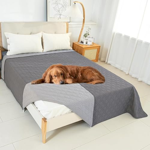 Gekufa Wasserdichte Hundedecke für Bett, 208 cm × 208 cm, beidseitig verwendbar, hell-dunkelgrau, 5 Schichten wasserdichte Struktur, waschbar, wasserdichte Matte für Bett, Sofa, Auto