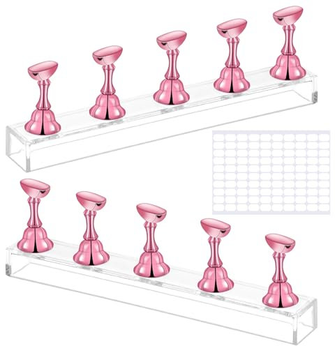 Prasacco 2 Set Nail Holder for Painting Nails, Press On Nail Stand Acrylic Nail Art Display Stand Magnetic Nail Tips Practice Holder with Double-sided Nail Stickers for Home DIY Salon Supplies