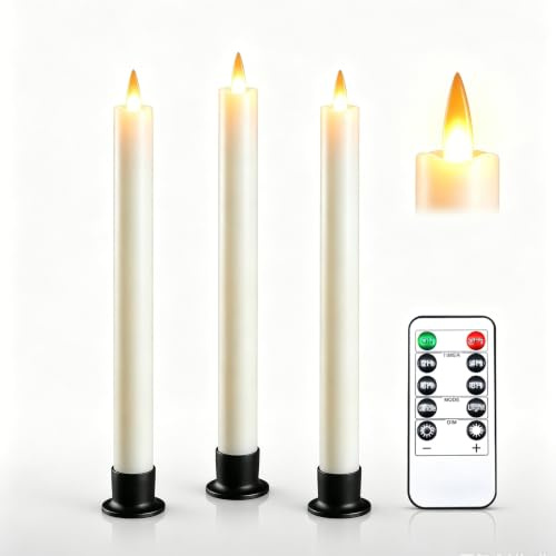 Da by 3 Stück Elfenbein LED Stabkerzen, Realistische Flackerflamme, Batteriebetriebene Kerzen mit Fernbedienung & Sockel, Wiederverwendbar Kunststoff Kerzen für Wohn-, Party- und Festdekoration