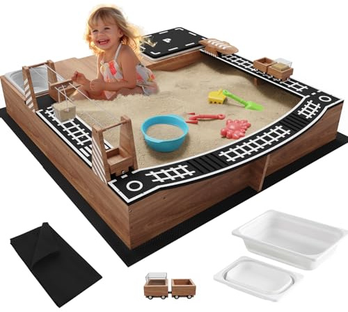 IDEA FAMILY Kids Wooden Sandbox with Fun Sand Play Theme,2 Toy Buckets & 3 Reinforced Benches Outdoor Sand Box for Backyard Garden Patio Lawn Cedar Wood Sandpit w/Magnetic Truck,Bottom Liner - Brown