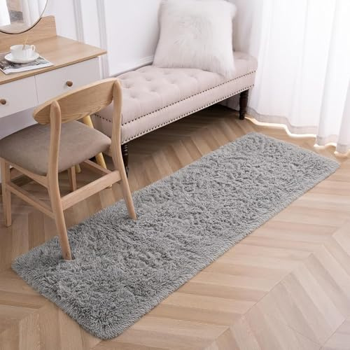 Shaggy Hochflor Teppich Läufer Flur 90 x 100 cm Kurzflor Rutschfest Flauschig Hochflorteppich, Flauschiger Schlafzimmer Teppich Modernes Einfarbiges Design für Schlafzimmer Kinderzimmer, Hellgrau