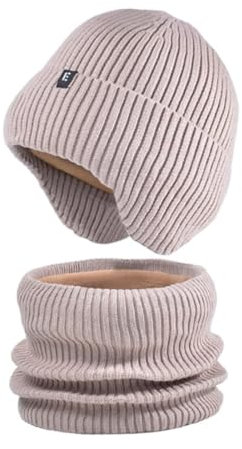 generisch Wintermütze, Schal-Set, Unisex, warme Strickmütze und Rundschal, Innenfutter, Schal für kaltes Wetter, Mützen-Set, Skimütze, Thermo-Nackenwärmer für Damen und Herren Schal (Beige, One Size)