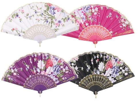 saerryor 4 Pack Hand Held Chinese Folding Fans(Black+Red+Purple+White)