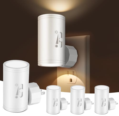 SETEN 4 Pack LED Plug-in Wall Night Light with Dimmable 0-300 Lumens, 3000K Soft White, Auto On/Off Light Sensor & Adjustable Head for Hallway, Stairs, Bedroom