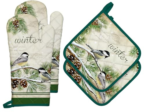 Arquiel Guanti Da Forno Presina Set Di 4 Natale, 100% Cotone Addensare Guanti Da Forno A Microonde, Presine Da Cucina Morbida Resistenti Al Calore Per Arrostire, Cuocere(uccello invernale)