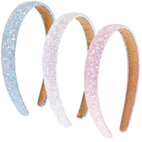 Glitterpannband, glitter pannband barn, plast söta hårband, 3 stycken färgglada pannband med paljetter, för kvinnor flickor barn (rosa, vit, blå)