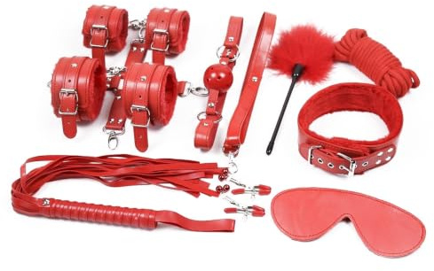 BONDAGERIE® Kit per giochi coppia Accessori Professionale 10 articoli, donna uomo gàgball corda manette cavigliere, colore Colore: Rosso