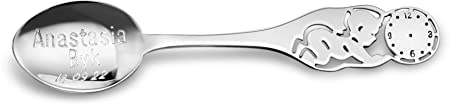 925 Silber Geburtslöffel Personalisiert mit Gravur der Geburtsstunde auf Uhr | Taufgeschenk Baby Name & Datum | Echtsilber Löffel Baby Motiv | 10cm 12g