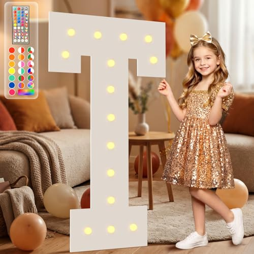 4FT Marquee Light Up Letters T, 34 Color Changing Remote Weighted Water Bag | 4FT Light Up Letters Prom Wedding Graduation Birthday Party Indoor Backdrop Display for Various Celebration Occasions