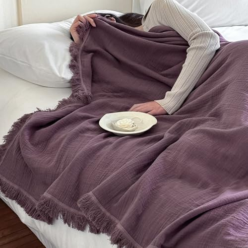 KUWHSIOP Coperta in Mussola Morbida, Leggera e Accogliente in 100% Cotone A 4 Strati con Nappe per Letto O Divano,Purple 2,50 * 150 cm