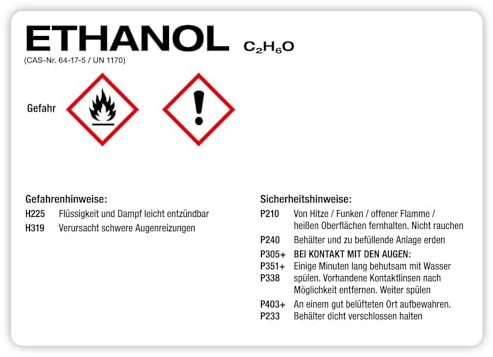 Aufkleber Kombi + Warnhinweise „ETHANOL“ Brandschutz Sticker Kennzeichnung Gefahrensymbole gemäß CLP/GHS-Verordnung | Größe wählbar Made in Germany, Größe: 14,8 x 10,5 cm