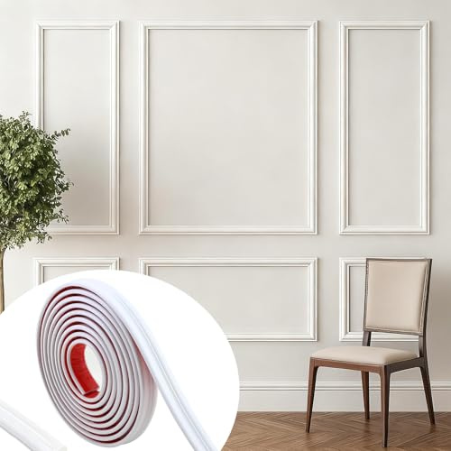 9.84 Ft x 1.57'' Peel and Stick Wall Panels, Self-Adhesive Wall Moulding Trim, Flexible DIY TPE Panelling Kit for Home Decoration, Frame, Bedroom, Door, Stick On Panelling for Walls, White