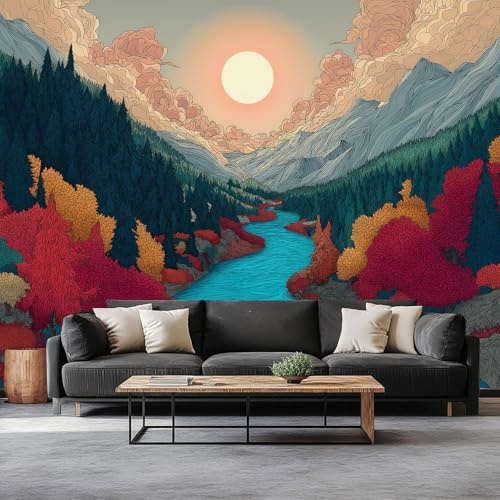 Papel Tapiz Fotográfico Montañas Abstractas Río Fotomurale 200 x 140 cm, Art Mural Multicolor Papel Pintado Fotomural - Cafe Restaurant Dormitorio Hoga Murales Decoración