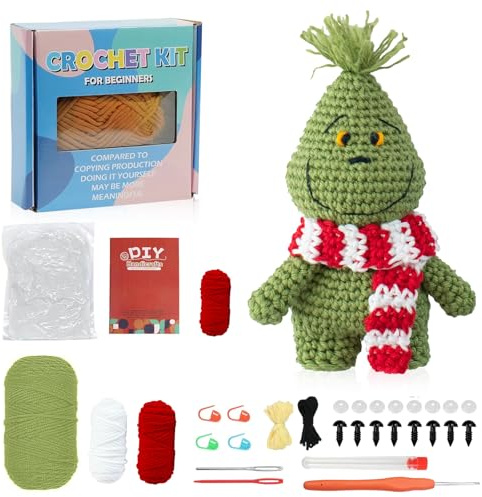 Häkelset für Anfänger, Komplettes Crochet Set mit Videoanleitung, Einfaches DIY Häkeltiere, Perfekt für Einsteiger & Kinder, Häckel Kit für Anfänger zum Entspannen & Verschenken (Grinch)