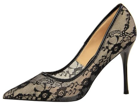 Escarpins à Talon Haut pour Femme 9cm Talons Aiguilles Chaussures Bout Pointu Stiletto Soirée de Mariage Dentelle Sexy Heel Dance Shoes-Numeric_36