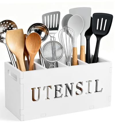 Kitchen Utensils Holder, Cooking Utensil Organizer with 4 Compartment,Waterproof Large Capacity Flatware Organizer, Storage Box for Caddy Cooking Tool, Cooking Utensil Organizer for Countertop, White.