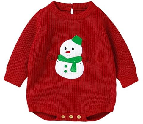 Raopuzi Body Navidad Bebe de Manga Larga Jersey de Punto Ropa Navideño Recien Nacido Suéter Invierno Cálido Mono Rojo con Cuello Redondo para Bebe Niño Niña con muñeco de nieve para Fiesta Año Nuevo
