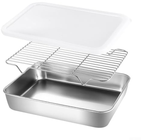 Juego de bandejas para hornear con rejilla de refrigeración y cubierta de acero inoxidable, apto para uso en horno, refrigeración y preparación de alimentos de cocina (26 x 20 x 5 cm)