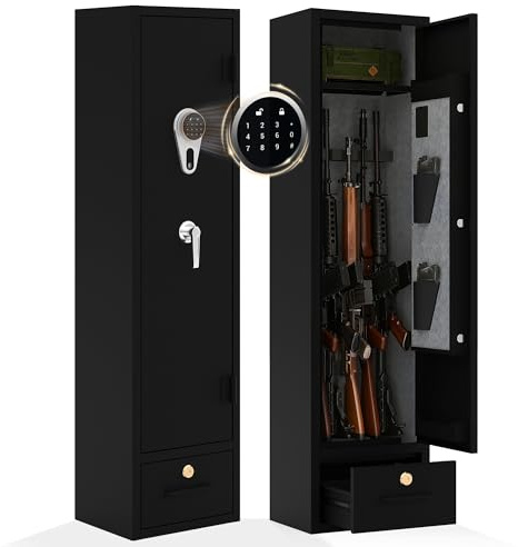 Heavy Duty Rifle & Pistol Safe with Quick Access Fingerprint Lock & Digital Backlit Keypad | Removable Shelves, Pistol Pockets, Dual Alarm | Home Security Gun Cabinet for Shotguns