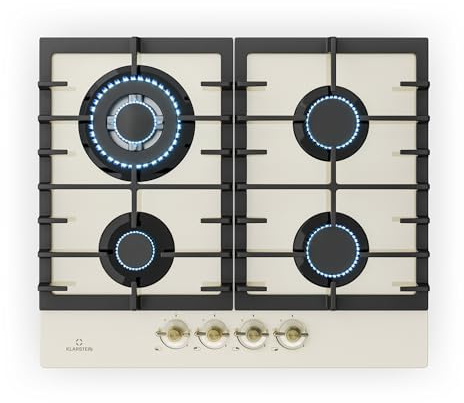 Klarstein Victoria Gas Hob, Built-In with Sabaf Burners, Natural Gas/Propane, Safety Valves and Automatic Shut-Off, Cast Iron Pot Supports, Retro-Style Glass Ceramic, 4 Burners, Ivory