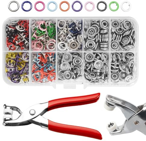 400 Sets Press Studs Snap Fasteners, 9mm No Sewing Poppers Fasteners with Plier Storage Box, Multicolor Metal Snap Fastener Kit for DIY Clothes