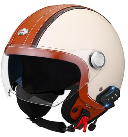 Retro Leder Motorrad Halbhelme ECEDOT Zertifiziert Bluetooth Jethelm 3/4 Motorradhelm Mit Doppelvisier Vintage Halbschalenhelm Offenem Jethelm Für Erwachsene Herren Und Damen