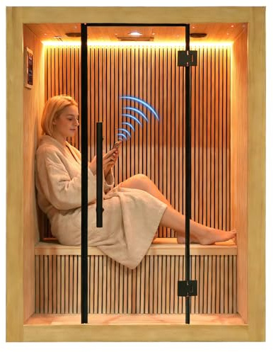 Amocane Infrared Wooden Sauna with WiFi Control, Far Infrared Sauna Spa with Remote Control, Canadian Hemlock Dry Sauna with 5 Carbon Heaters, Personal Corner Saunas for Home & Gym (2-3 Person)