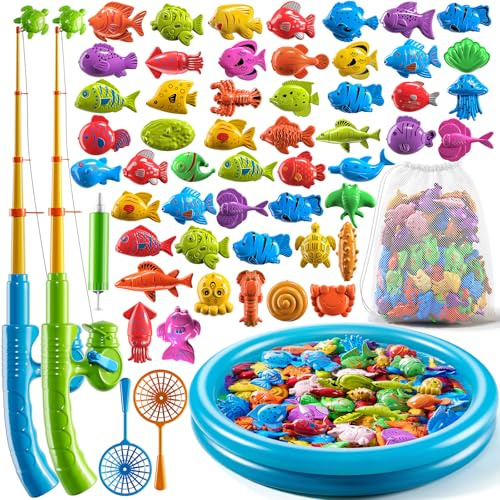 PEADUCK Magnetic Pool Fishing Set Toys for Toddlers 3-5 Years Old Water Table Bathtub Toy with Inflatable Rod, Net and Plastic Floating Fish Outdoor Toy