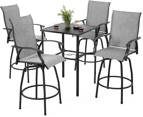 Avestar 5-teiliges Outdoor Gartenbar Set, drehbare Barhocker Set mit Bartisch, 4 Barstühle, Gartenstühle aus Textilene, Gartenmöbel Set, für Terrasse, Grau und Schwarz