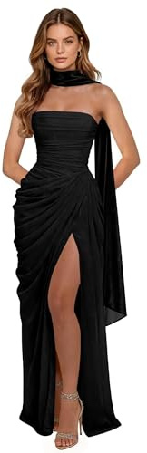 Abiti da ballo in chiffon senza spalline con sciarpa corsetto sirena abito da damigella d'onore lungo pieghe abito da sera formale da sposa con fessura, Nero , 48