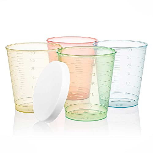 Tuuters. Lot de 300 gobelets à médicaments, 30 ml, incassables, pour schnaps, médecines, mélange de couleurs + couvercle