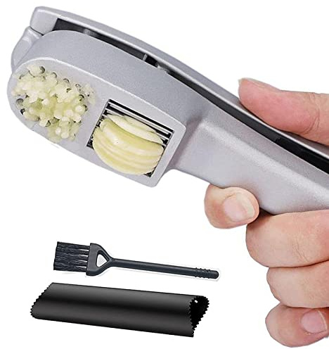 Garlic Press 2-in-1 Mincer, Crusher and Slicer with Peeler & Brush – Rustproof, Dishwasher Safe, Ergonomic Handle for Easy Squeeze and Cleaning