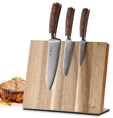 Wakoli EDIB Messer Set - magnetischer Messerblock | Küchenmesser Set 3-teilige, 8,5-17cm aus 67 Lagen Damaststahl mit VG10-Kern | Damastmesser mit Pakkaholzgriffe | Messerset für Fleisch & Gemüse