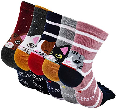 LOFIR Calzini Divertenti con Dita Separate per Donna Calzini 5 dita con Animali in Cotone, Calze con Dita Antiscivolo, Taglia 35-41, 5 paia