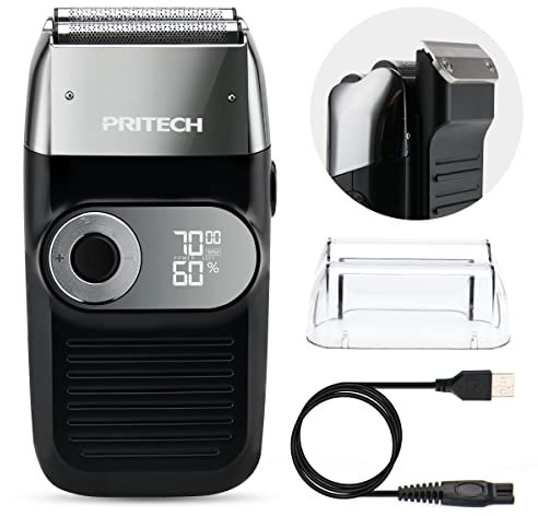 PRITECH 2-in-1 Elektrorasierer für Männer – Folienrasierer & Ausklapp-Trimmer für Bart und Glatze, 3 Geschwindigkeiten, Akkubetrieben, LED-Display (Schwarz-Silber)