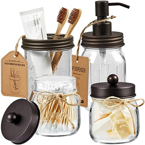 Phantom Cables WI1-32S Mason Jar Bathroom Accessories Set(4 Pcs) -Lotion Soap Dispenser & 2 Cotton Swab Holder &Toothbrush Holder-Rustic Farmhouse Decor,Countertop Vanity Organize