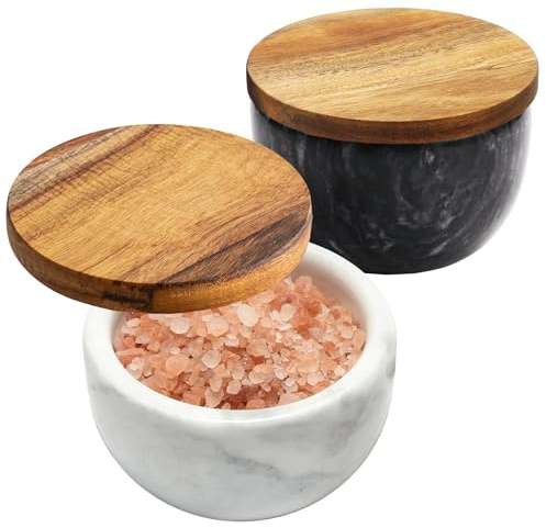 jalz jalz Cuencos de mármol para sal y pimienta, caja de sal y salero, cubierta de madera natural maciza, caja de sal de gran capacidad, embalaje de regalo, soporte de sal con tapa y cuchara