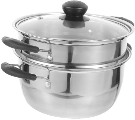 Cabilock 2 Tier Stainless Steel Steam Pot with Glass Lid, 18cm Small Food Steamer Pan, Induction Steaming Cookware Food Basket Saucepan for Cooking Dumplings Vegetables