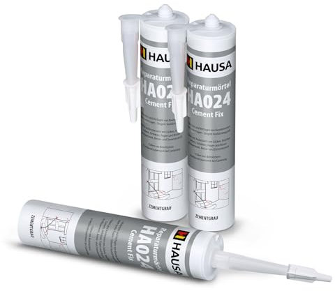 HAUSA Reparatur-Mörtel Cement Fix HA024 3x 310ml zementgrau gebrauchsfertiger Fugenmörtel zum Verfugen Füllen Ausbessern von Fugen Brüchen Rissen, Express Zement für Innen & Außen, Dichtmasse