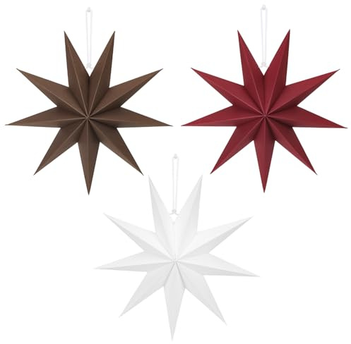 3 Stück Faltstern Weihnachten, 30cm Braun Papiersterne zum Aufhängen, 9 zackig Rot Papier Faltsterne, Weiß Papiersterne Tischdeko für Weihnachts Advent Hochzeit Geburtstag Fenster Neujahrsfest