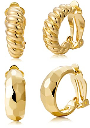 Clip on Earrings Women, 14K Gold Hoop Clip-On Earrings for Women, Hypoallergenic Non Pierced Croissant Earrings