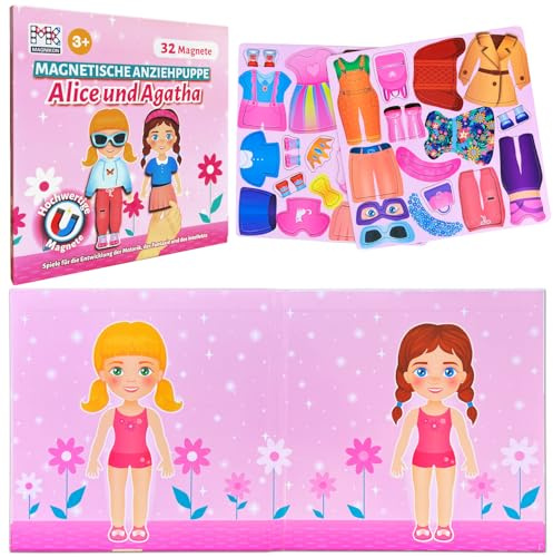 MAGNIKON Anziehpuppen Magnetisch Alice und Agatha, Magnet Anziehpuppen | Magnetspiel, Magnet Puppen zum Anziehen, Spielzeug für unterwegs, Anziehbuch, Magnetische Anziehpuppe mit 32 Magneten