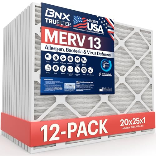 BNX TruFilter 20 x 25 x 1 MERV 13 (12-pack) AC ugnsfilter - TILLVERKAD I USA - elektrostatisk veckad luftkonditionering HVAC ugnsfilter - tar bort pollen, form, bakterier, rök