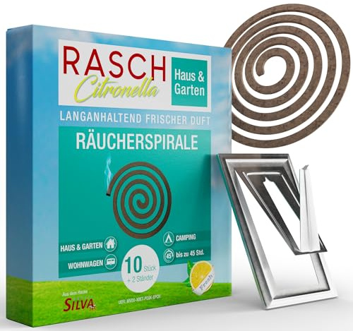 RASCH® Citronella Räucherspiralen Set [INKL Halter + STÄNDER] - Spirale Draußen, Garten, Balkon & Terrasse - Rauchspirale mit natürlichem Zitronen Aroma - 4h Brenndauer pro Räucherspirale (10 STK.)