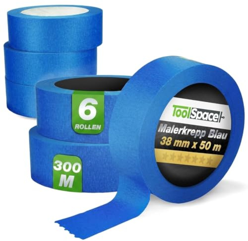 ToolSpace Ruban de Masquage Bleu - Scotch Adhésif Crêpe UV pour Peinture Decoratif - Papier Collant Rouleau 38 mm x 50 m lot de 6 - pour Multi Surfaces Intérieur Extérieur et Fenêtres Portes