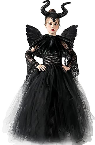 AMOBON Maleficent Kostüm Set für Kinder, Mädchen Böse Königin Kleid mit Hörner Kopfschmuck und Schwarze Flügel Umhang Schulterklappen für Karneval Fasching Halloween Cosplay Carnival Motto Party