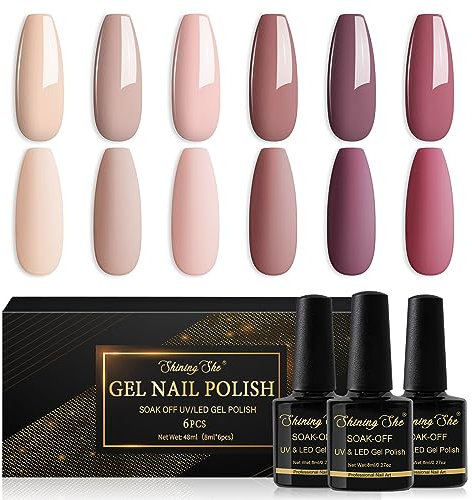 Shining She Nude Gel Nail Polish Set, 6 Neutral Nude Pink Brown Colours, Soak-Off UV/LED Nail Polish for Starter Nail Art Salon DIY Home, 8ML
