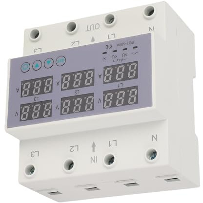 Amperímetro de Voltímetro de Riel DIN Trifásico, AC 390 a 500V Protector de Sobrecorriente de Sobretensión Automático Ajustable de Respuesta Rápida, Pantalla Digital Segura (40A)
